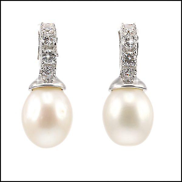 BS003E - Delicate natural freshwater pearl & cubic zirconia stud earrings-0