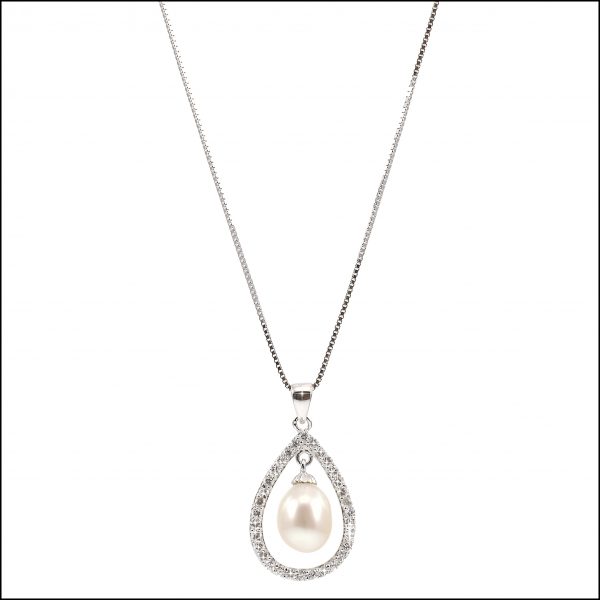 BS027 - Pearl and Cubic Zirconia Pendant Sterling Silver Necklace-0