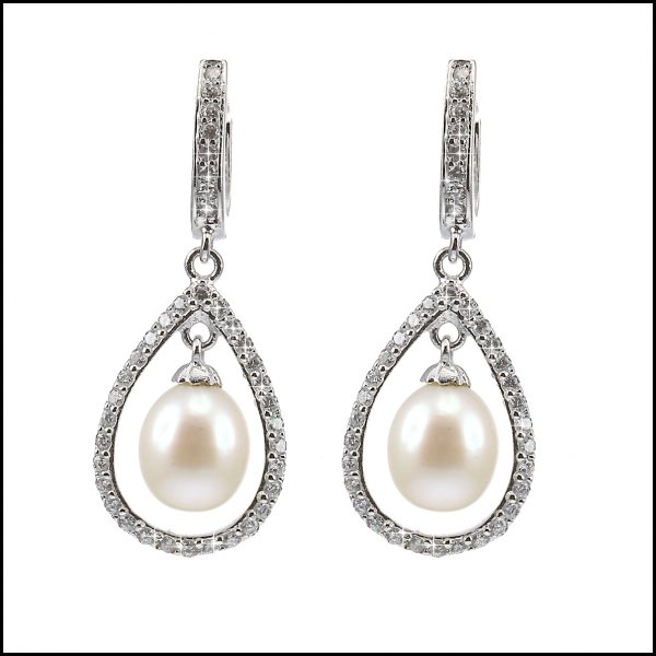 BS027E - Pearl & Sterling Silver Drop Earrings-0