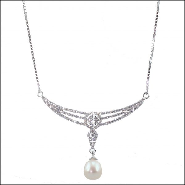 BS40 - Vintage Style Sterling Silver,CZ & Pearl Necklace-0