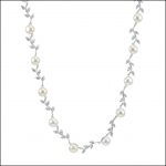 C22 - Sterling Silver, Freshwater Pearls & Cubic Zirconia Leaf Necklace-0