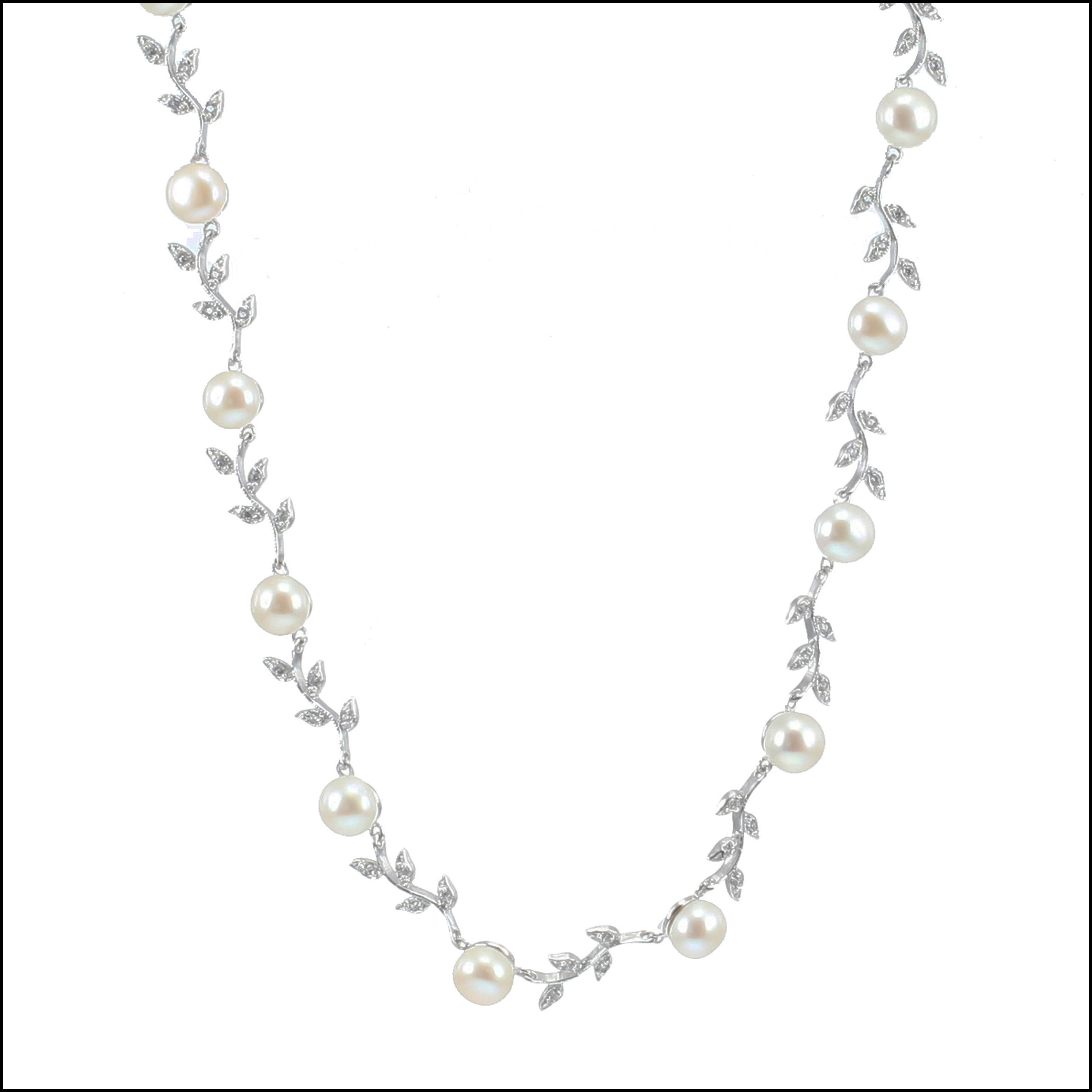 C22 Sterling Silver Freshwater Pearls Cubic Zirconia Leaf Necklace