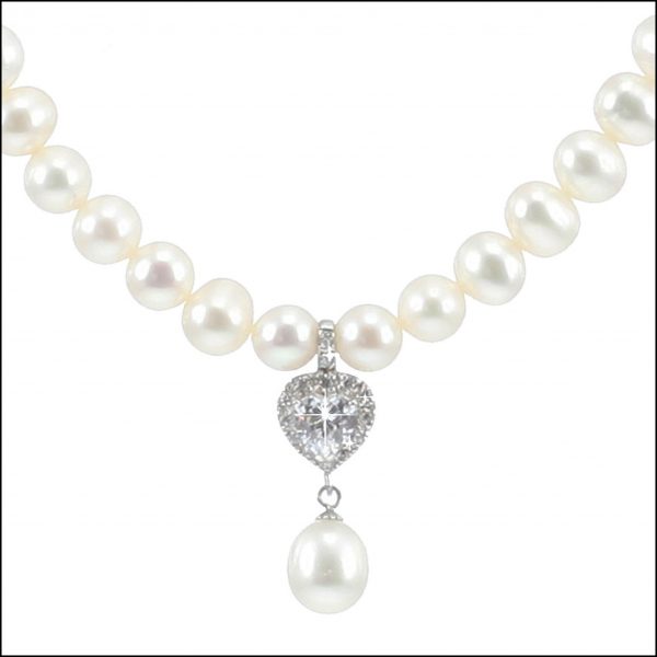 MF035 - Freshwater Pearls & Cubic Zirconia Heart Necklace-0