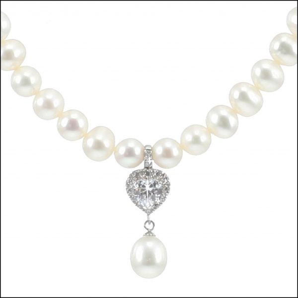 MF035 - Freshwater Pearls & Cubic Zirconia Heart Necklace-0