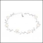 C22B - Sterling Silver, Freshwater Pearls & Cubic Zirconia Leaf Bracelet-0