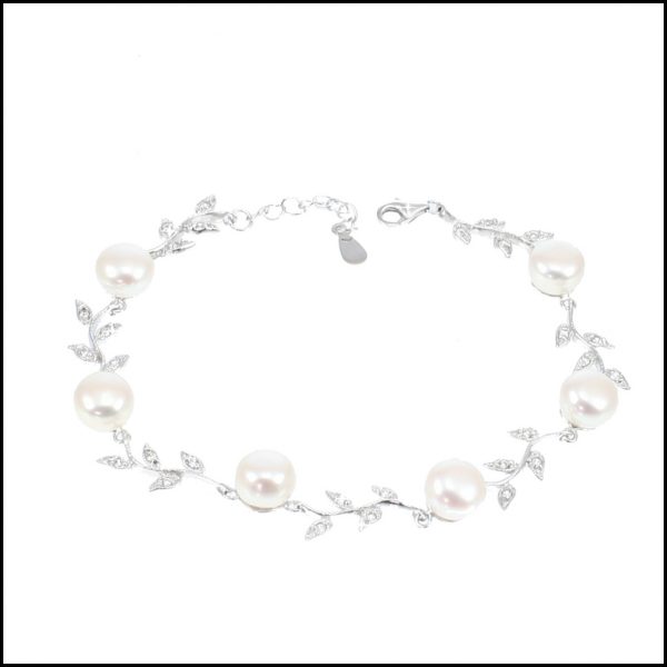 C22B - Sterling Silver, Freshwater Pearls & Cubic Zirconia Leaf Bracelet-0