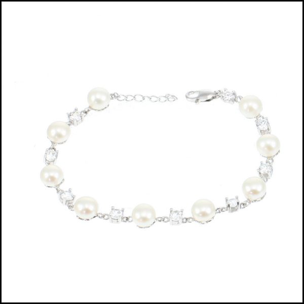 MF033B - Sterling Silver, Cubic Zirconia & Button Pearl Bracelet-0