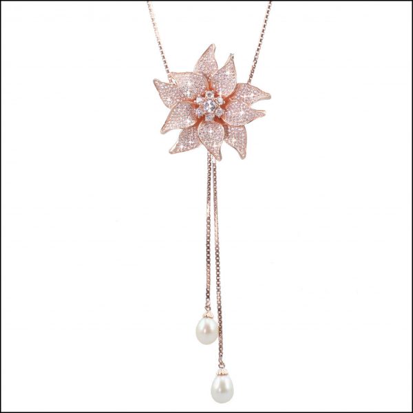 BS43 - Rose Gold Plated, Sterling Silver, CZ & Freshwater Pearls Lariat Necklace-0