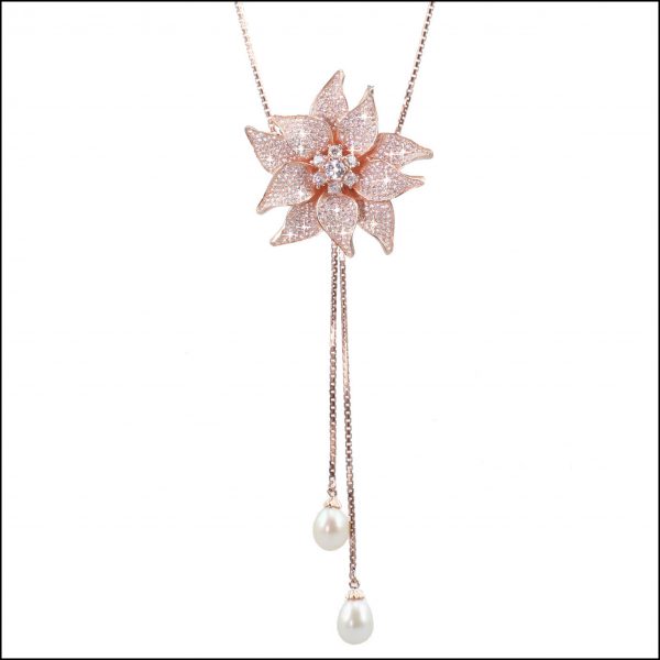 BS43 - Rose Gold Plated, Sterling Silver, CZ & Freshwater Pearls Lariat Necklace-0