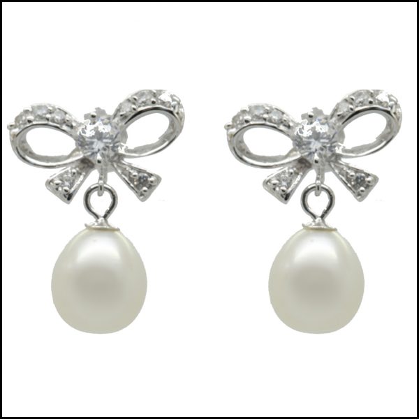 C33E - Silver Bow & Pearl Earrings-0