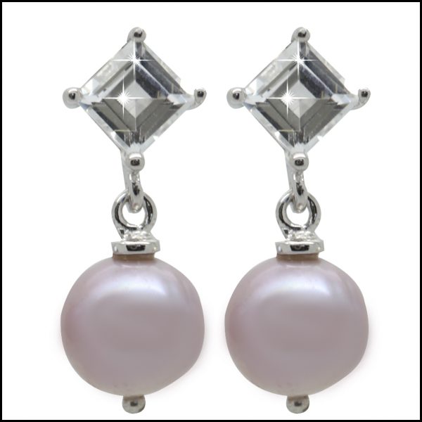 F302E- Pink Pearl CZ Drop Earrings-0