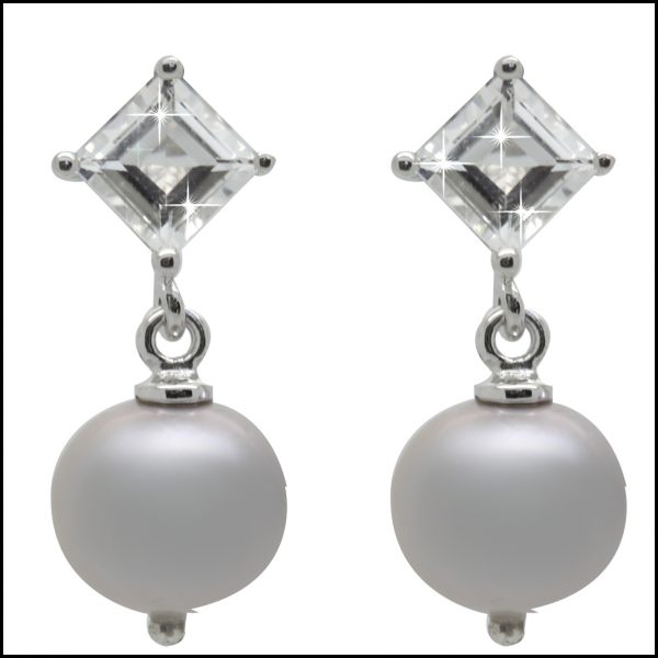 F302E - Silver Grey Pearl Cubic Zirconia Drop Earrings-0