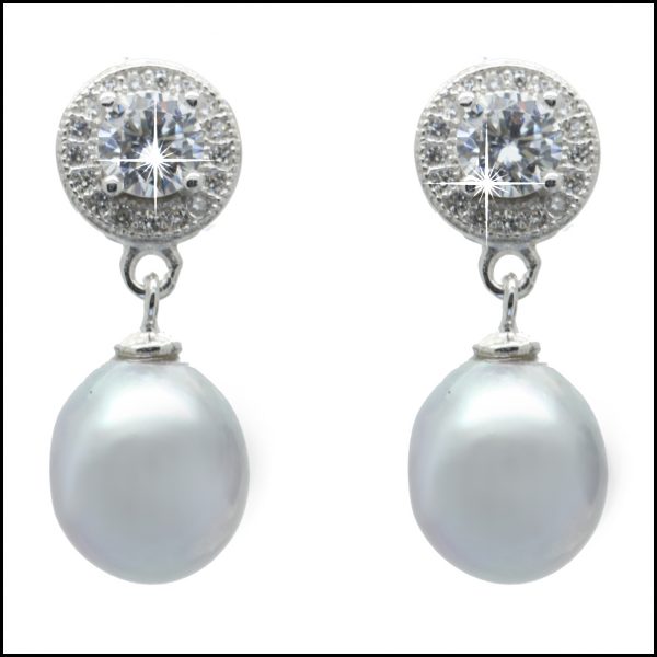 F305E - Sterling Silver , Silver Grey Pearl & CZ Earrings-0