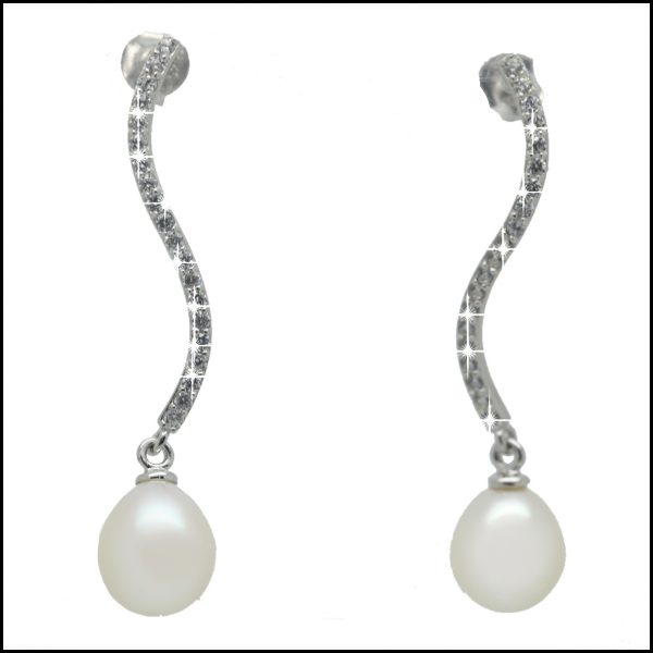 F307E - Long Silver, Freshwater Pearl & CZ Drop Earrings-0