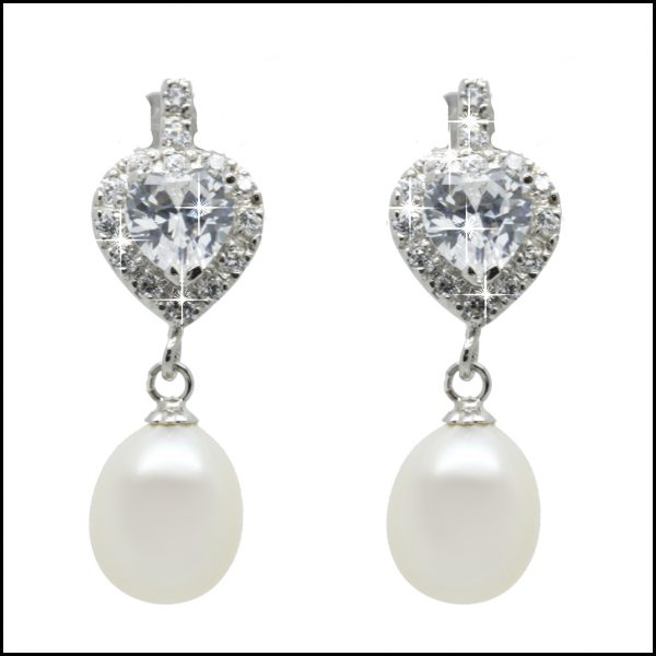 MF035E - Freshwater Pearl & CZ Heart Shaped Earrings-0