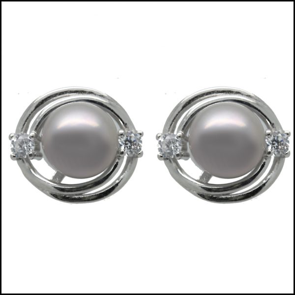 YP021E - Sterling Silver, CZ & Silver Grey Pearl Stud Earrings -0