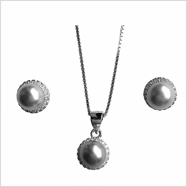 Lido Pearls Pendant & Earring Set - BS56 SIlver Grey Pearls-0